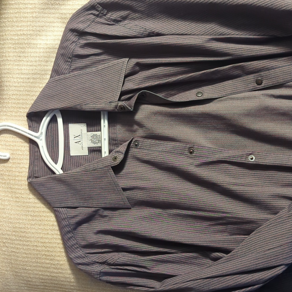 Armani exchange button up men's large. Snap buttons. Dark blue w/pinkish stripes